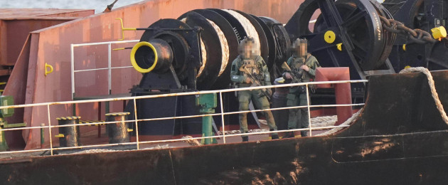 Irish Army Ranger Wing operators stand on the MV Matthew as she arrives into Cork Harbour in September 2023.